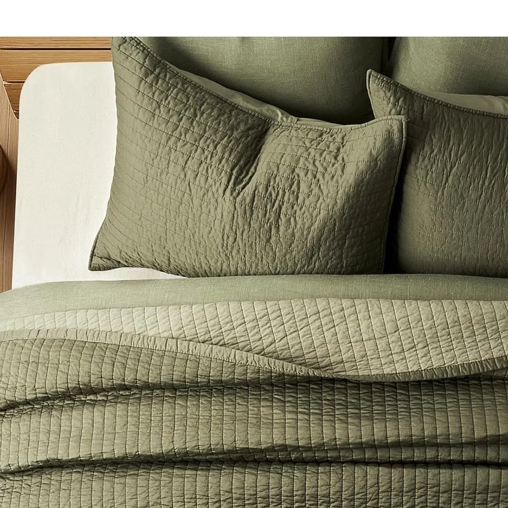 🆕 PB Style Quilt Set Olive Green Sateen Cotton Channel King 3 Piece Bedding NEW